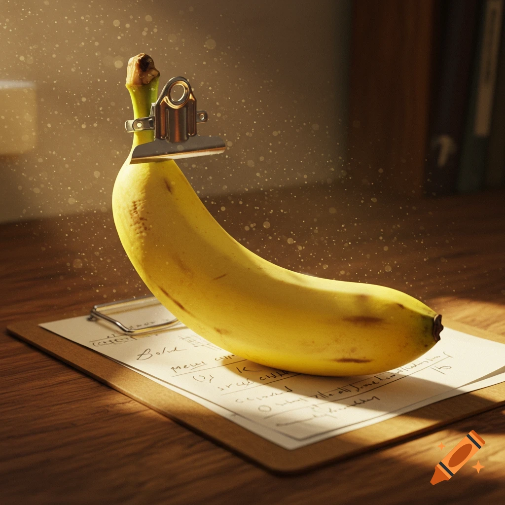 A photorealistic image of a banana clipped to a clipboard on a wooden desk, illuminated by sunlight and dust motes.