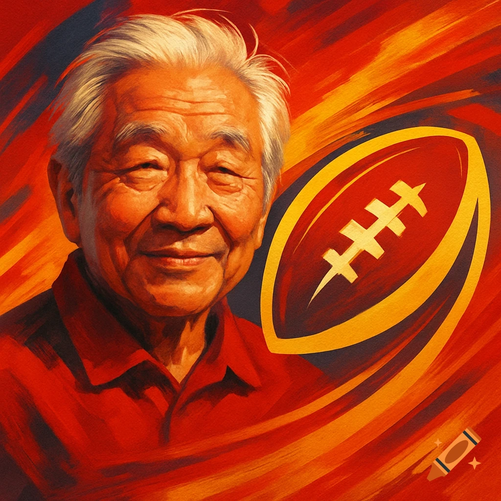 Smiling old Asian man with gray hair next to a stylized red and gold football, digital art.
