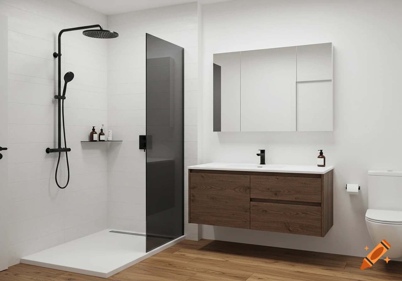 A modern bathroom with a black shower, a wooden vanity with white countertop, and wood floors.