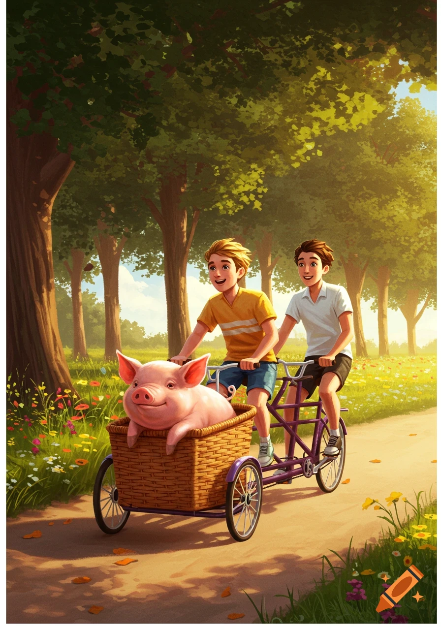 Two boys ride a purple tandem bike on a sunny forest path, towing a cheerful pig in a wicker basket. Illustrated.