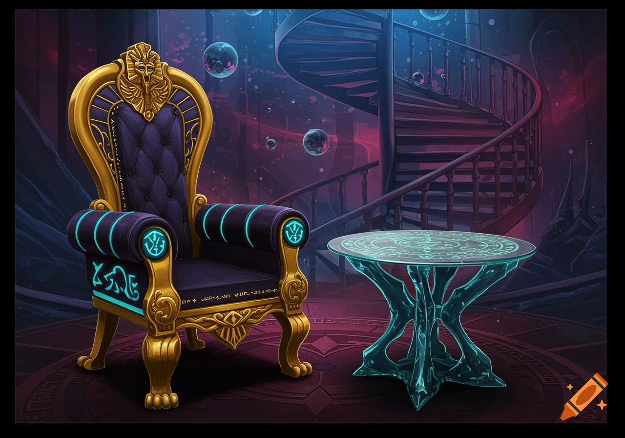An ornate golden and purple throne-like chair with glowing blue accents and a glowing blue-green mystical table, set in a fantastical chamber with a spiral staircase and floating orbs.
