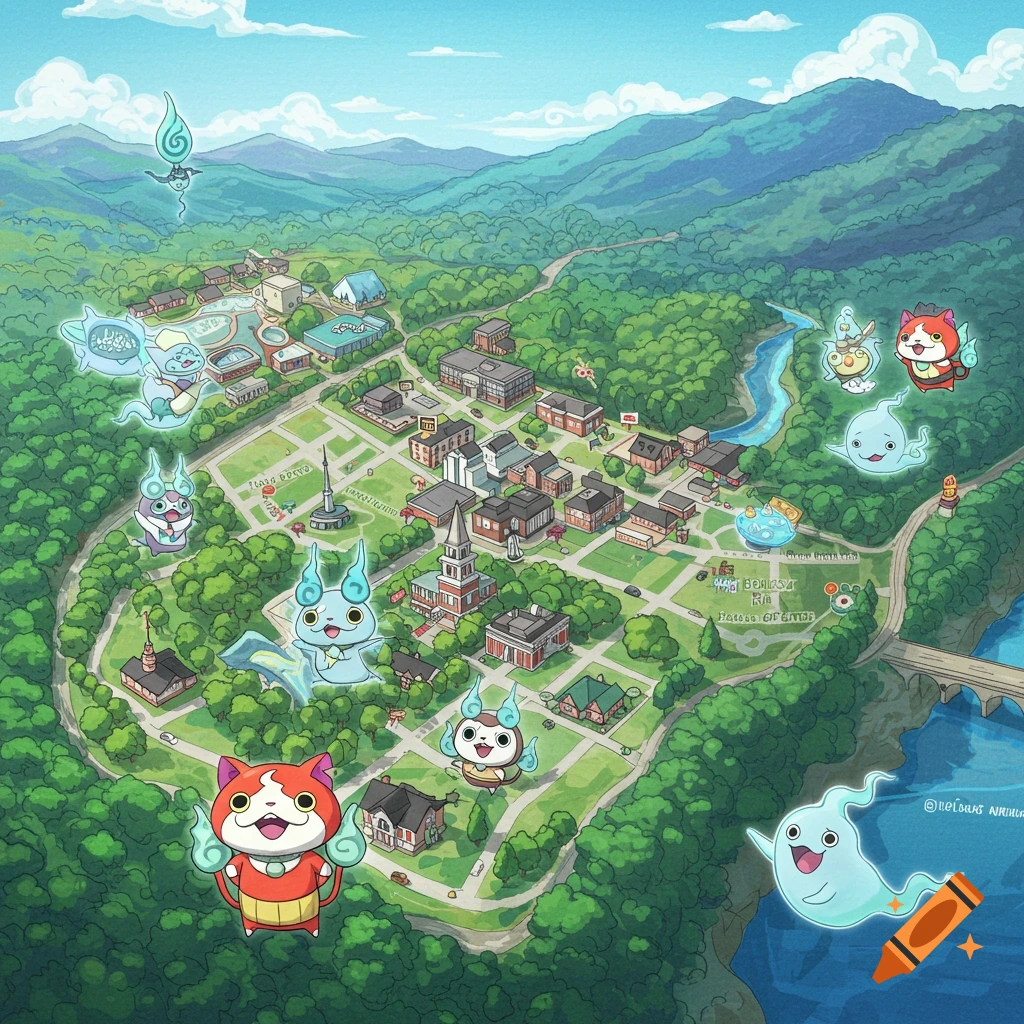 An overhead map of a town with green trees and a river, featuring several floating, colorful cartoon ghost-like characters.