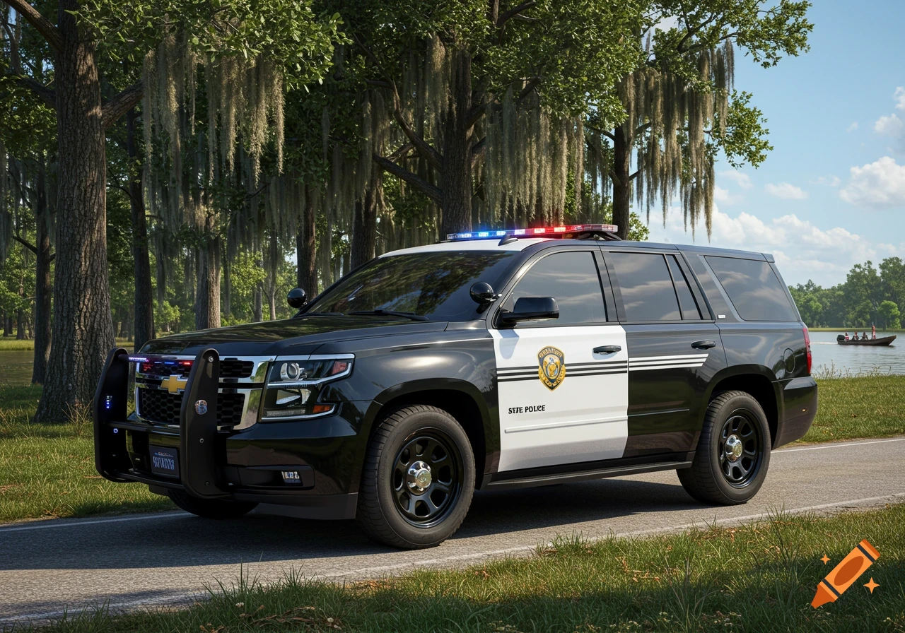 A black and white Louisiana State Police Tahoe SUV parked on a paved road beside a body of water with moss-draped trees.
