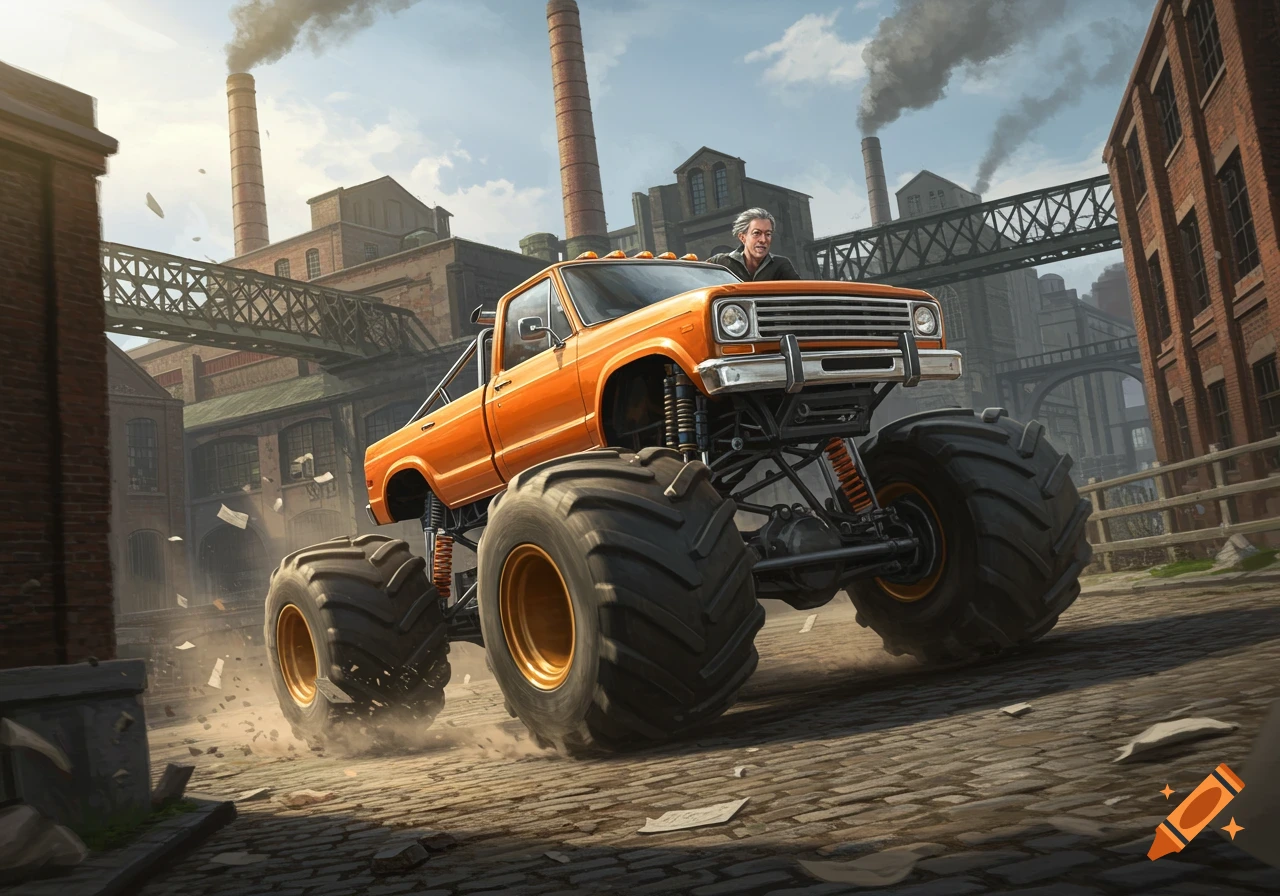 An orange monster truck with a man driving on a cobblestone street in an industrial estate with smoking chimneys.