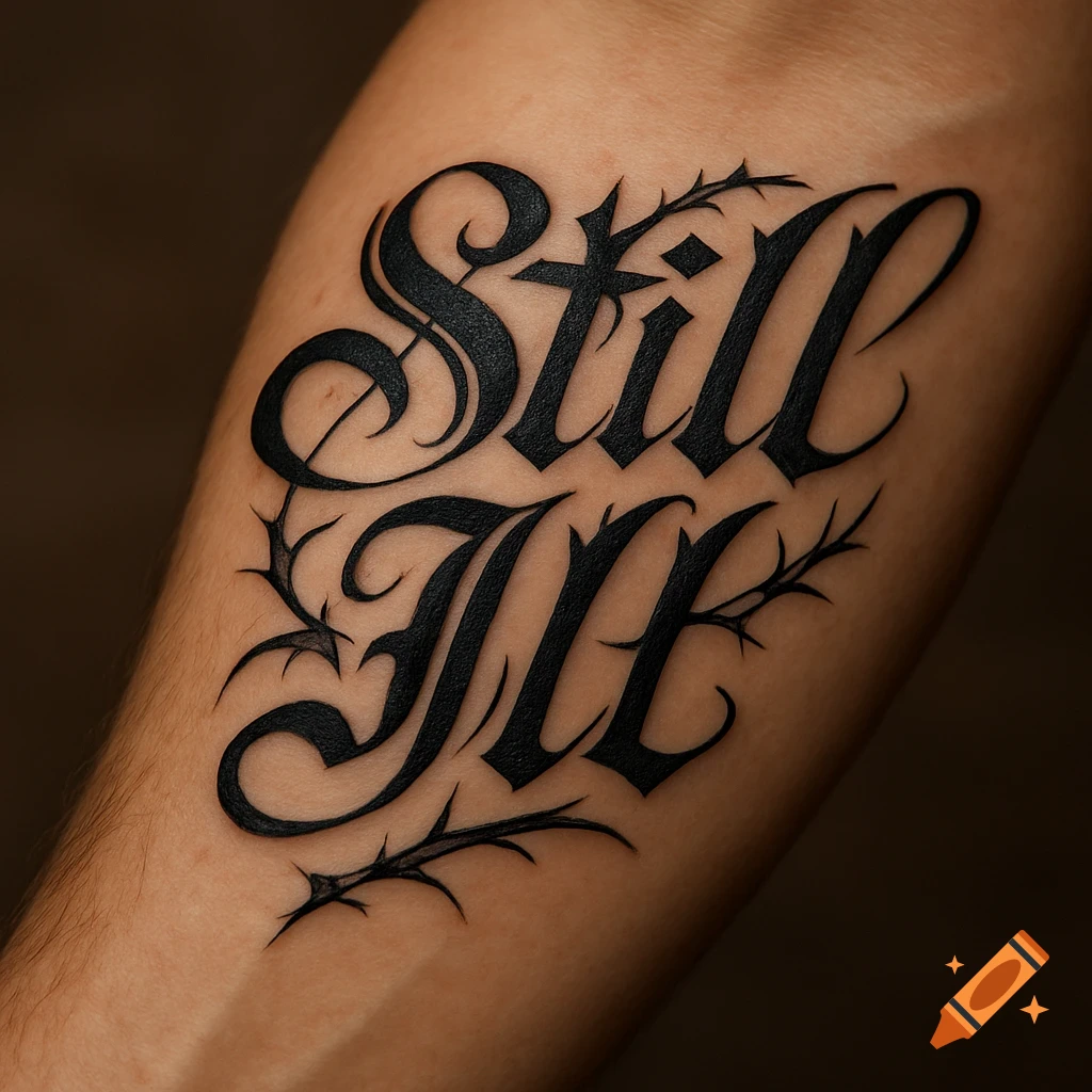A close-up shot of a tattoo on a person's arm that reads "Still Ill" in a gothic script with thorny accents.
