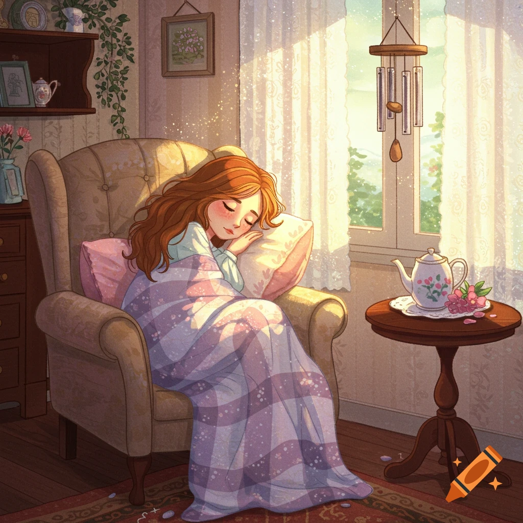 A girl with red hair sleeps peacefully in a cozy armchair under a blanket, bathed in sunlight from a window, in an illustration style.