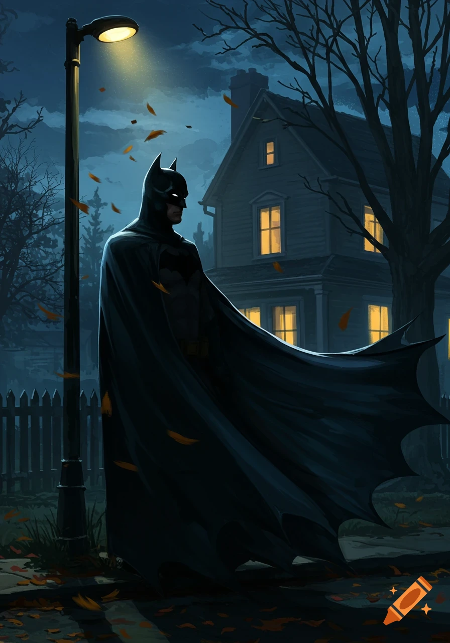 Batman stands under a glowing lamppost on a leaf-strewn street at night, with a shadowy house and trees in the background, in a comic art style.