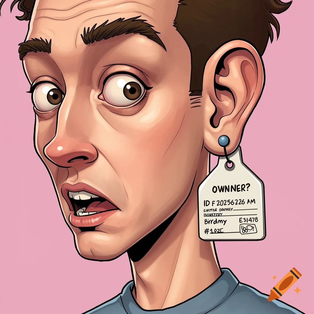 Comical cartoon portrait of a wide-eyed man with an ear tag inscribed with 'OWNER?' and an ID number.