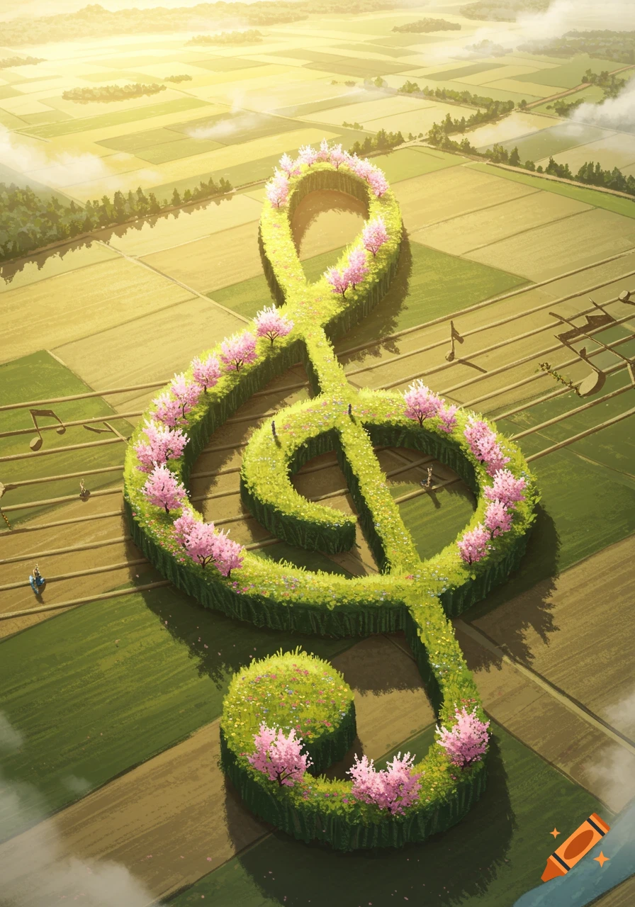 An aerial view of a vibrant green landscape shaped into a giant treble clef, adorned with pink cherry blossoms. Farm fields stretch into the distance under a sunny sky.