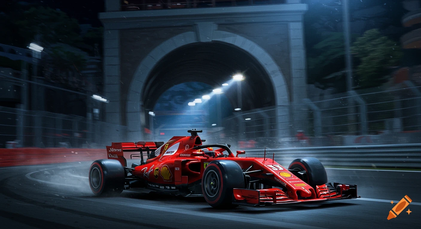 A red Ferrari F1 race car speeds on a track at night, with a large concrete tunnel in the background and bright lights illuminating the scene.