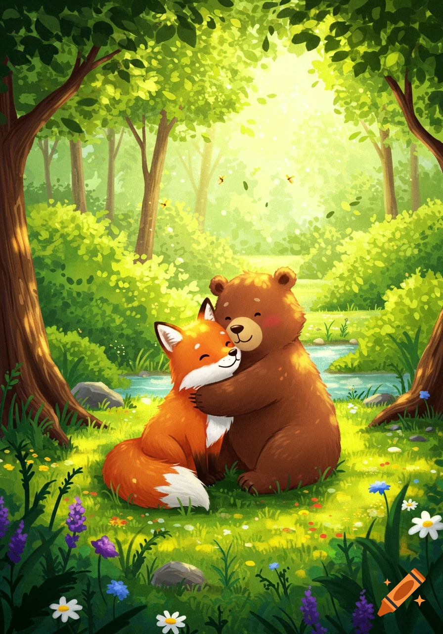 A cute orange fox and a brown bear hugging in a vibrant green forest, with a stream and wildflowers. Illustrated style.