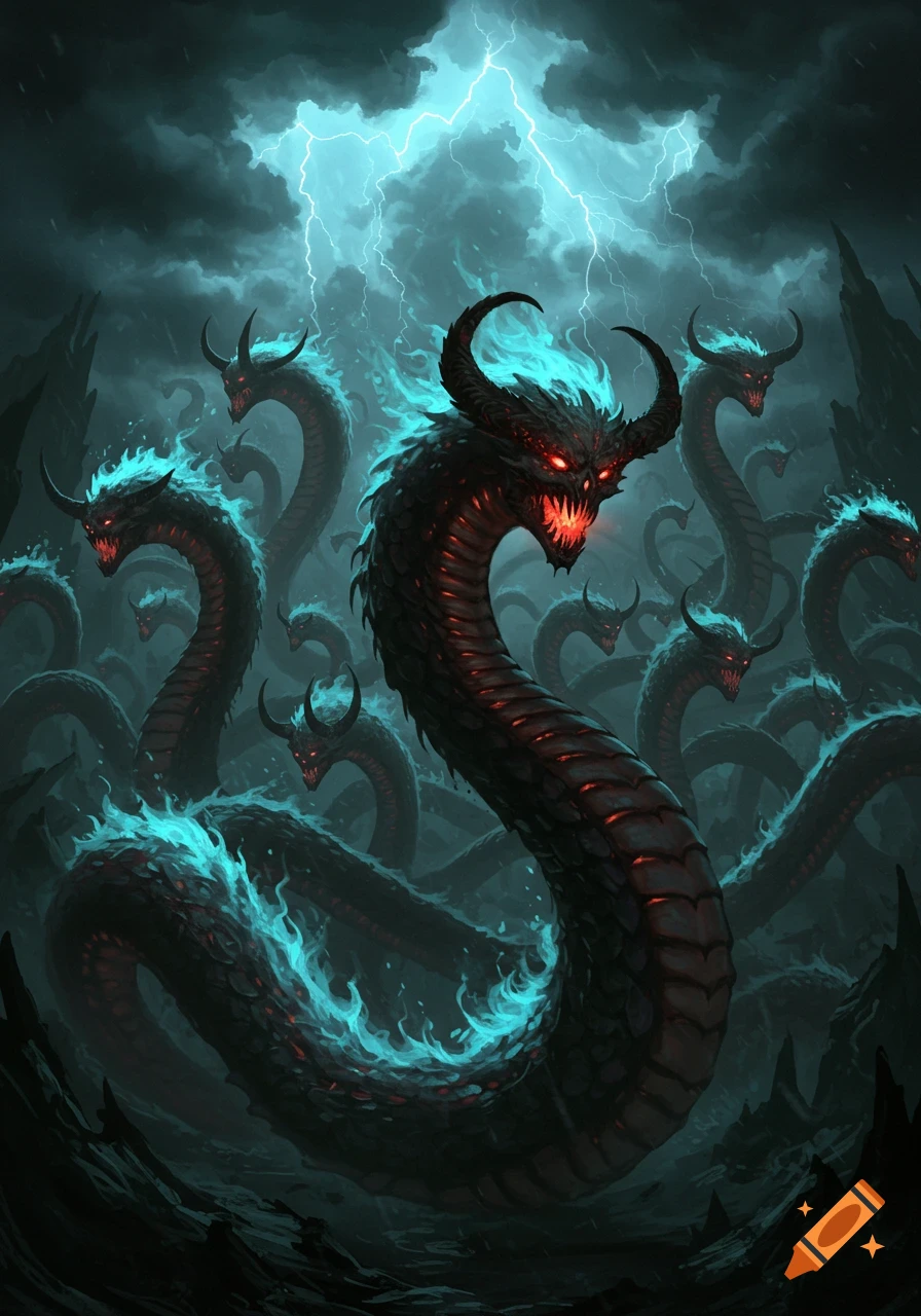 Multiple dark, horned serpent creatures with glowing red eyes and blue fiery manes under a stormy, lightning sky, digital painting.