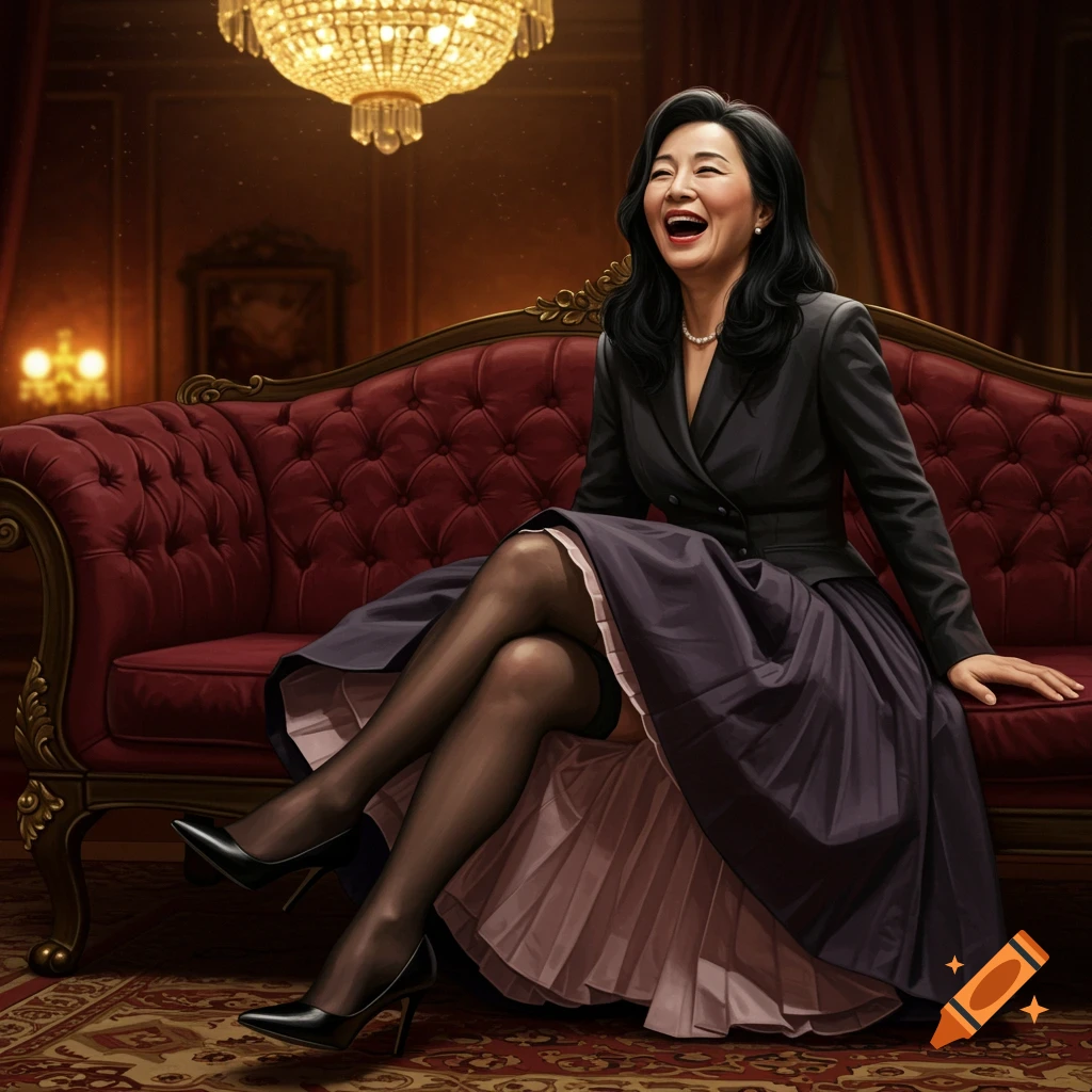 An elegant East Asian woman in a dark jacket and pleated skirt laughs on a luxurious red sofa in a richly decorated room.