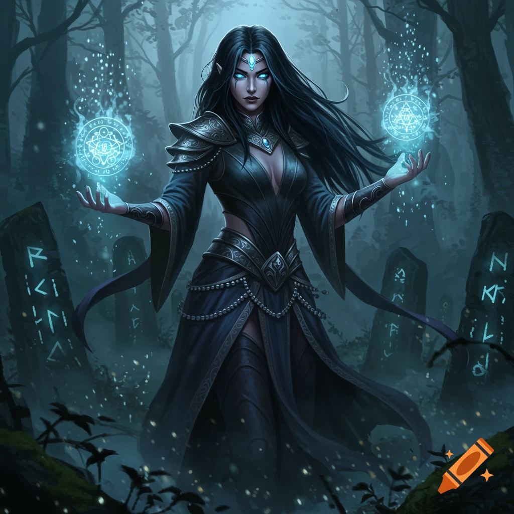 A dark-haired female warlock with glowing blue eyes stands in a misty forest, holding two glowing blue magic orbs with runic symbols.
