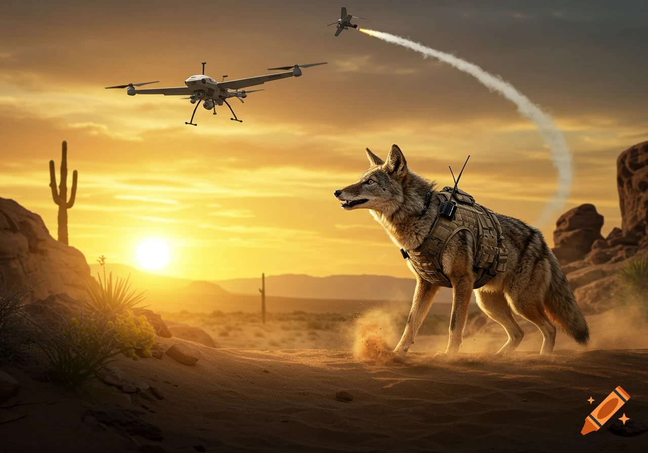 Photorealistic image of a coyote in tactical gear walking through a desert at sunset, with a drone and a flying missile in the sky.