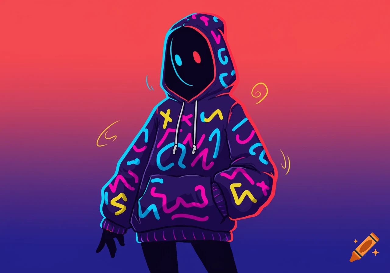 A colorful cartoon illustration of a faceless person wearing a purple hoodie with neon pink, blue, and yellow abstract patterns resembling jumbled letters.