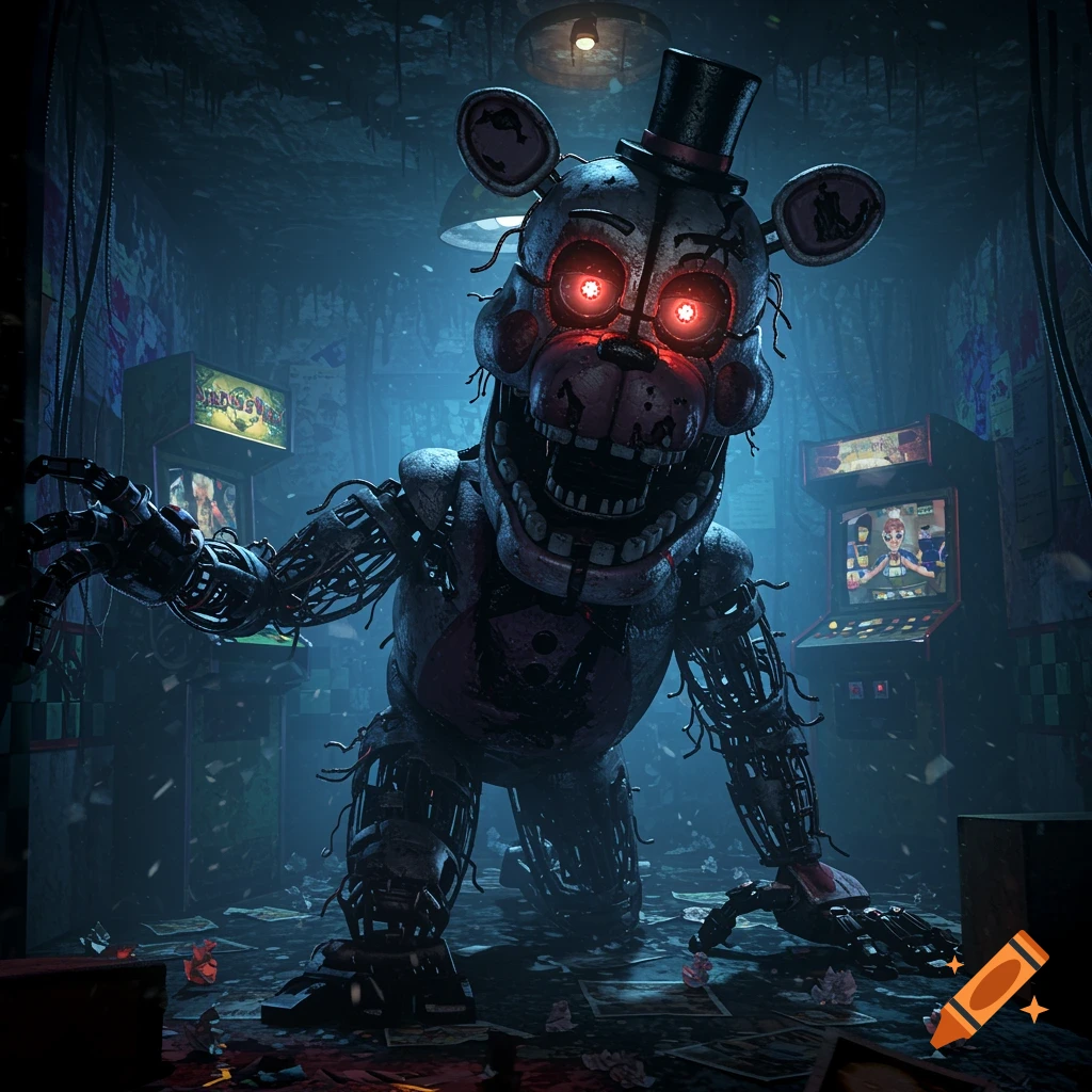 A creepy, worn animatronic bear with glowing red eyes and exposed wires crouches in a dark, dilapidated arcade room.