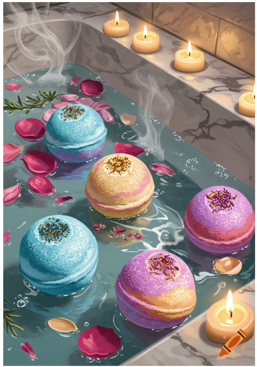 Colorful bath bombs, rose petals, and rosemary sprigs float in a bathtub with lit candles on the edge in an illustration.