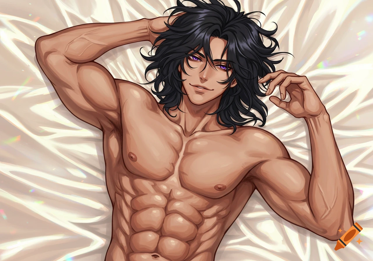 A shirtless muscular anime man with black wavy hair and purple eyes lies on iridescent cream satin bedsheets.