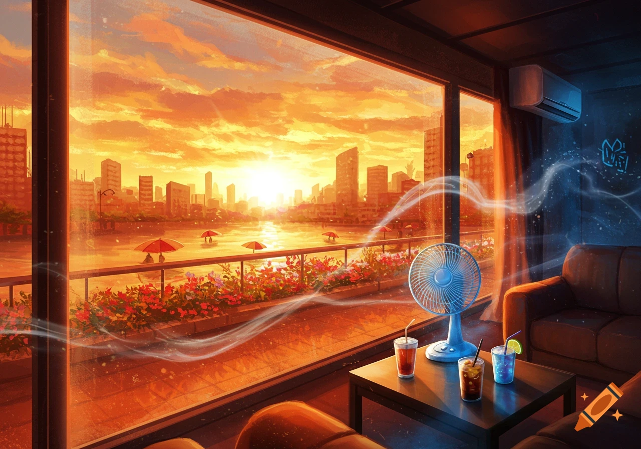 A vibrant, anime-style illustration of a city at sunset viewed from an indoor room with drinks, a fan, and AC.