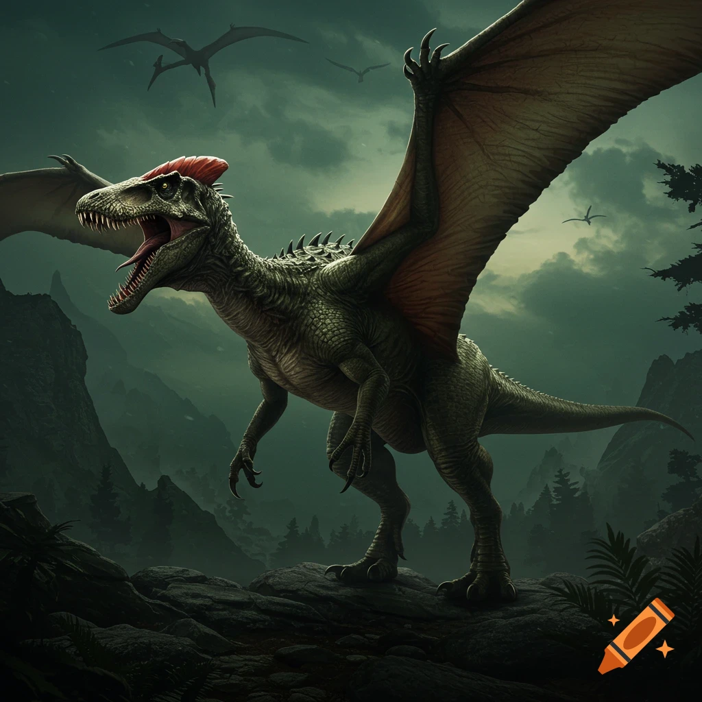 A large, green, winged dinosaur hybrid with a red crest roars on a rocky outcrop, with pterosaurs flying above a dark, misty mountain landscape.