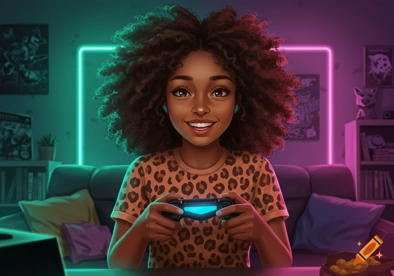 A smiling Black girl with curly hair and a cheetah print shirt holds a video game controller in a neon-lit room.