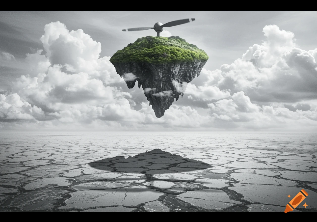 A surreal black and white landscape with a floating island topped with green trees and a propeller, casting a shadow over a cracked, dry ground.
