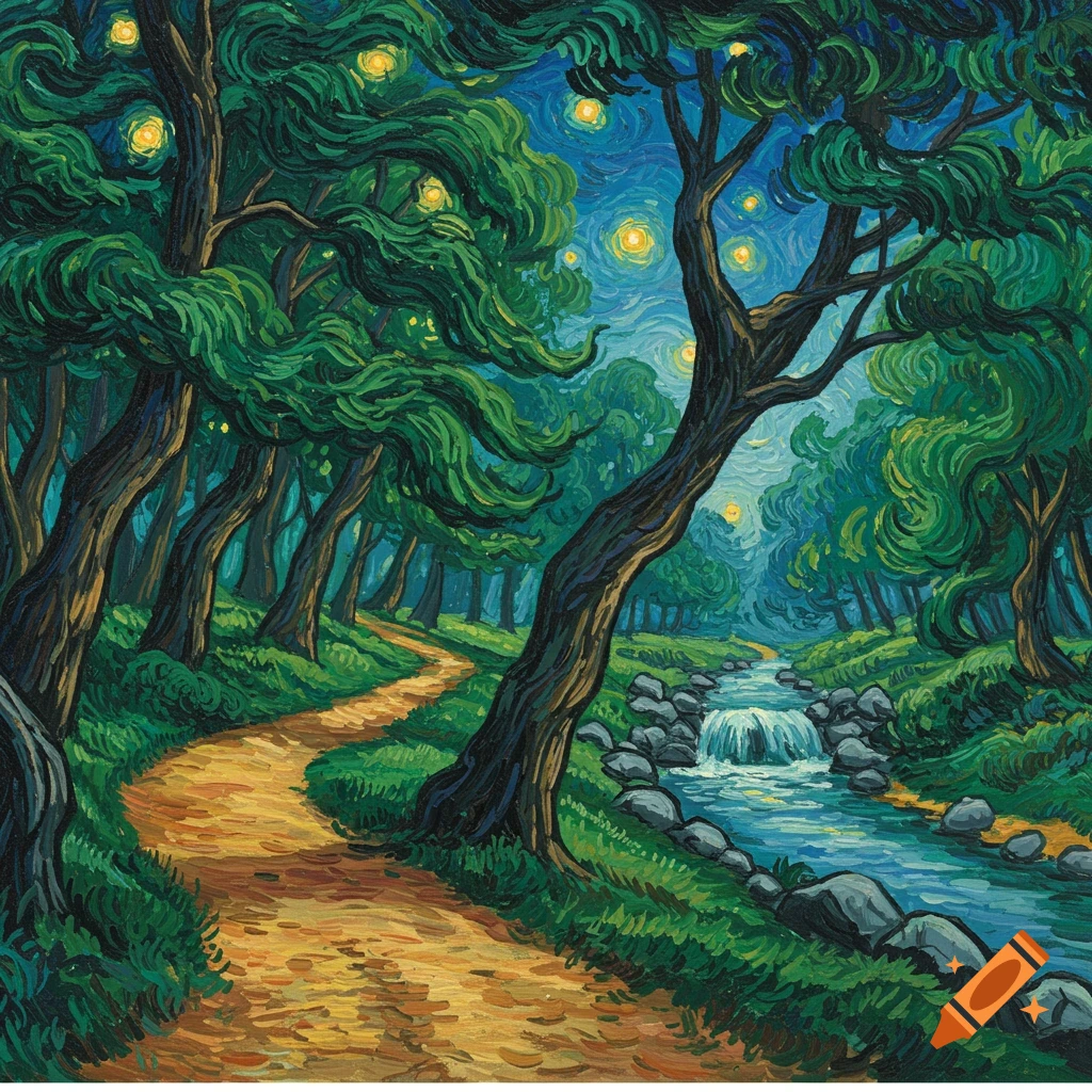 Van Gogh style painting of a whimsical forest at night with a winding dirt path, a stream with a small waterfall, and large swirling trees under a starry sky.
