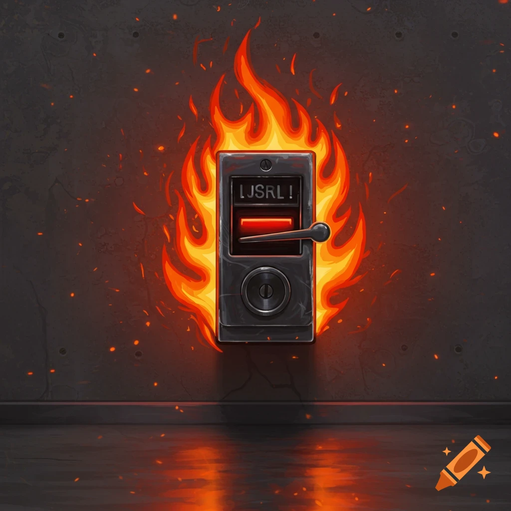 A manual fire alarm pull station on a concrete wall, engulfed in vibrant flames with sparks. The text on the station reads 'LJSRL!'.