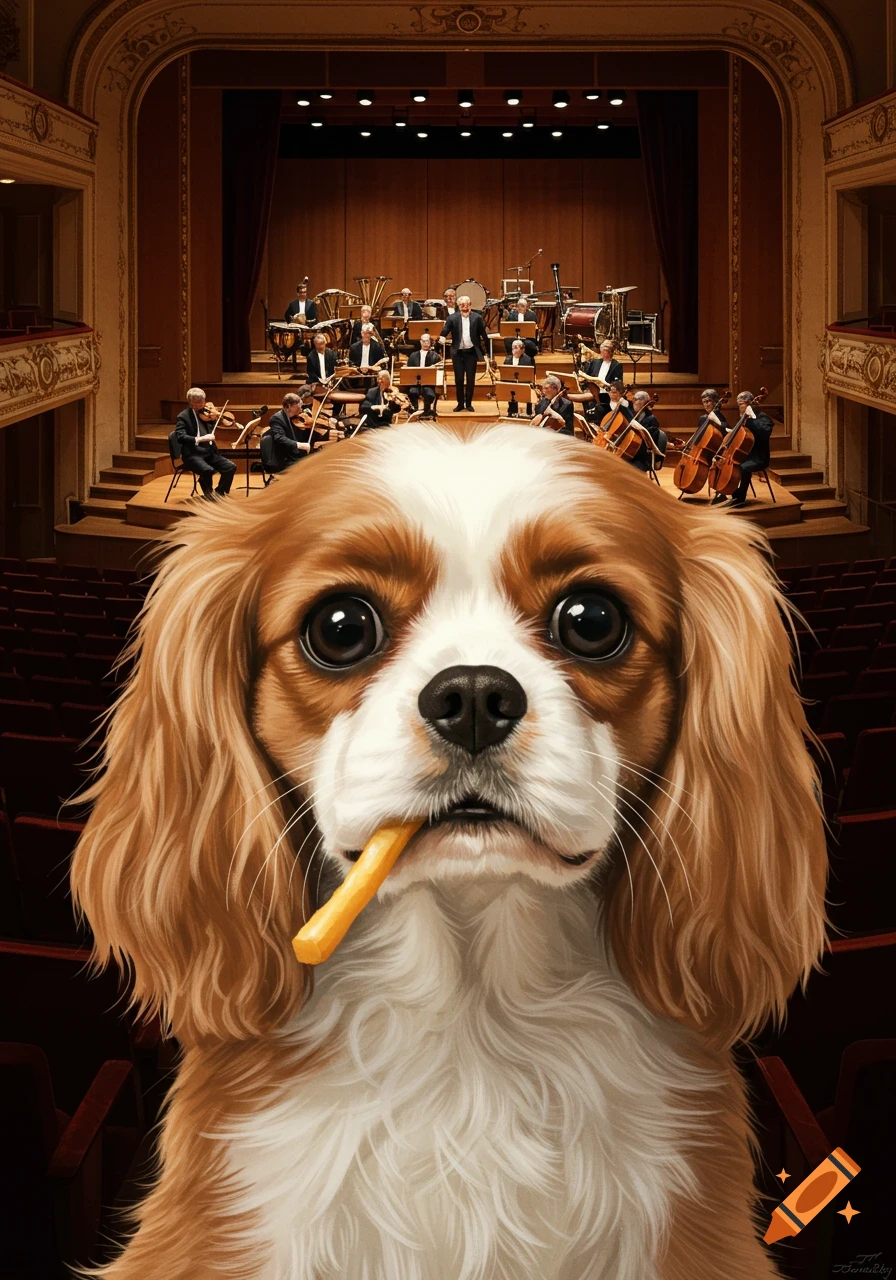 A close-up of a brown and white Cavalier King Charles Spaniel dog holding a french fry, in front of an orchestra.