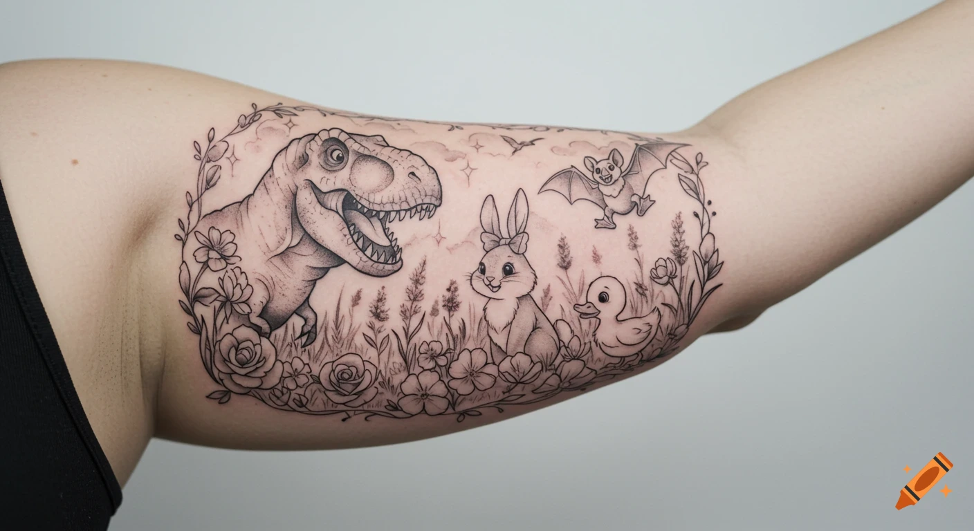 Black and grey tattoo on an arm depicting a cartoon T-Rex, bunny, bat, and duckling in a floral landscape.