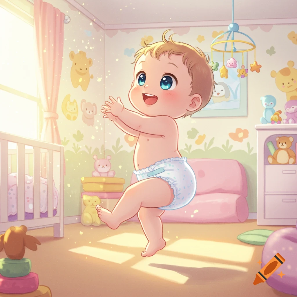 An adorable anime baby in a diaper stands in a sunny nursery, smiling and raising its hands.