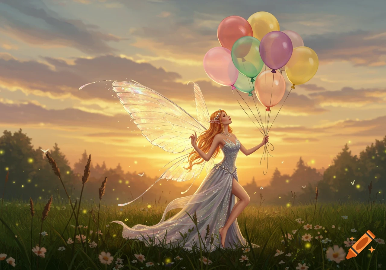 A beautiful fairy with luminous wings and long orange hair holds colorful balloons in a grassy field during a vibrant sunset illustration.