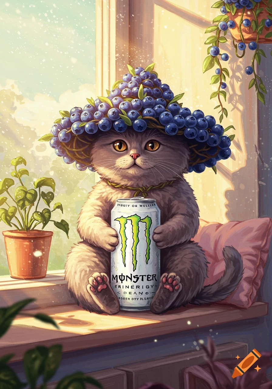 A cute cat wearing a blueberry hat sits by a sunlit window, holding a white Monster Energy drink can.