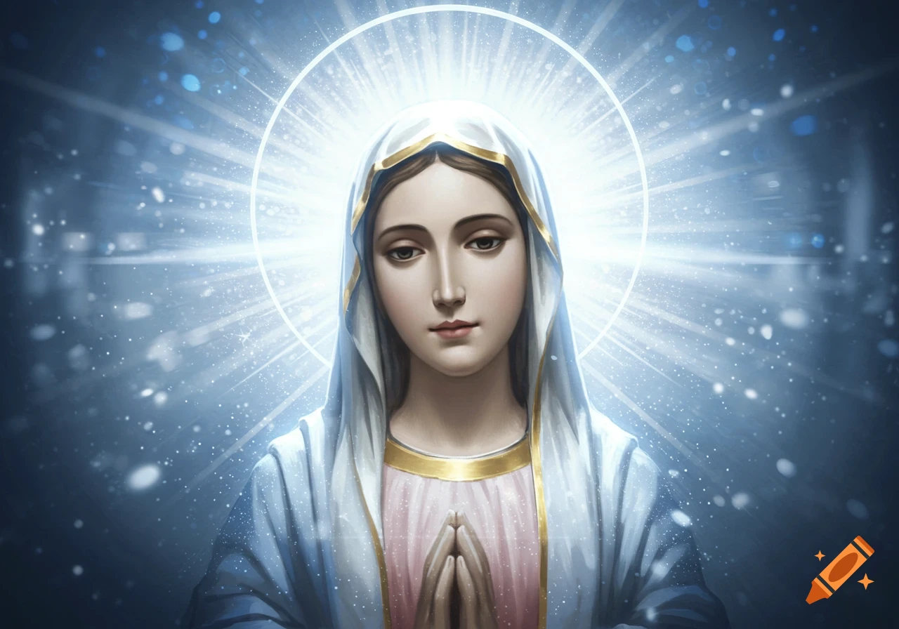 A stylized portrait of the Virgin Mary with a glowing halo, set against a dark blue, starry background.
