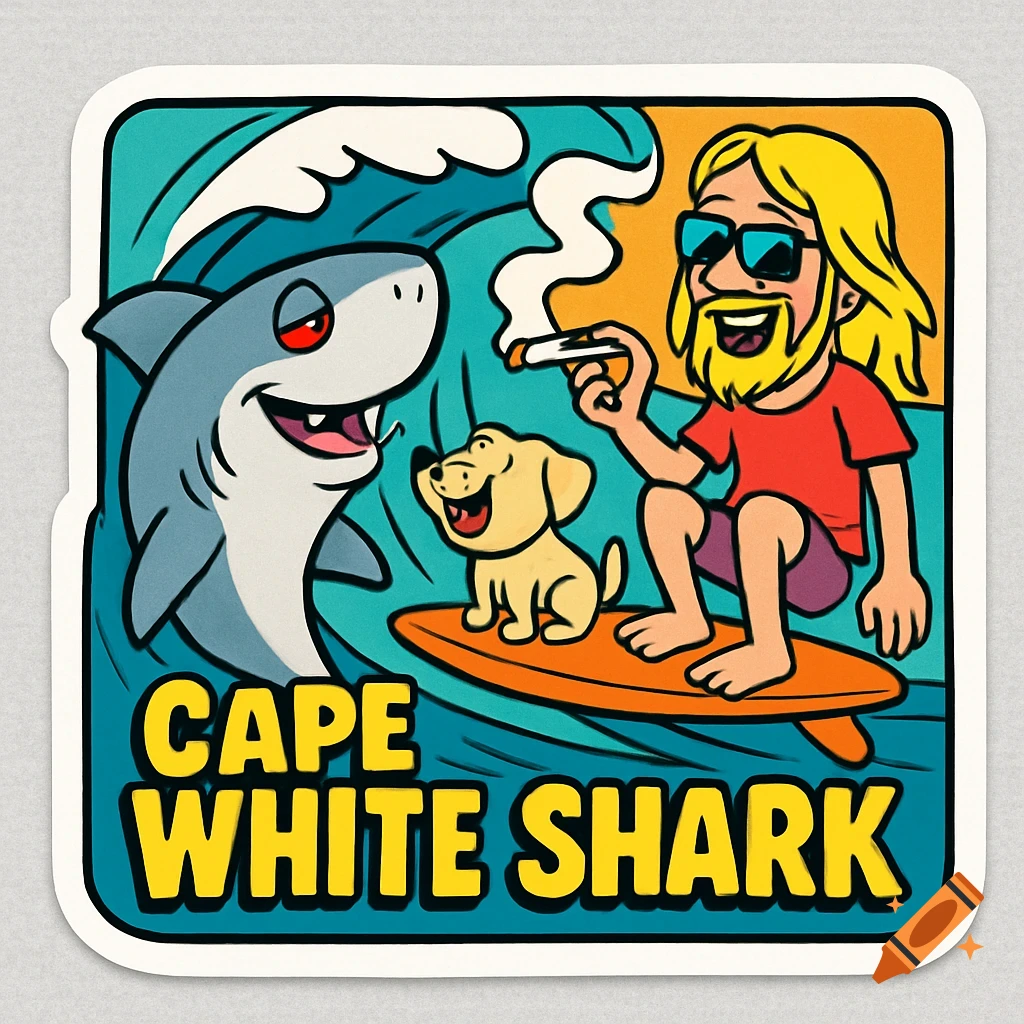 Cartoon sticker of a surfer smoking, a dog, and a shark with red eyes on a wave, text 'CAPE WHITE SHARK'.