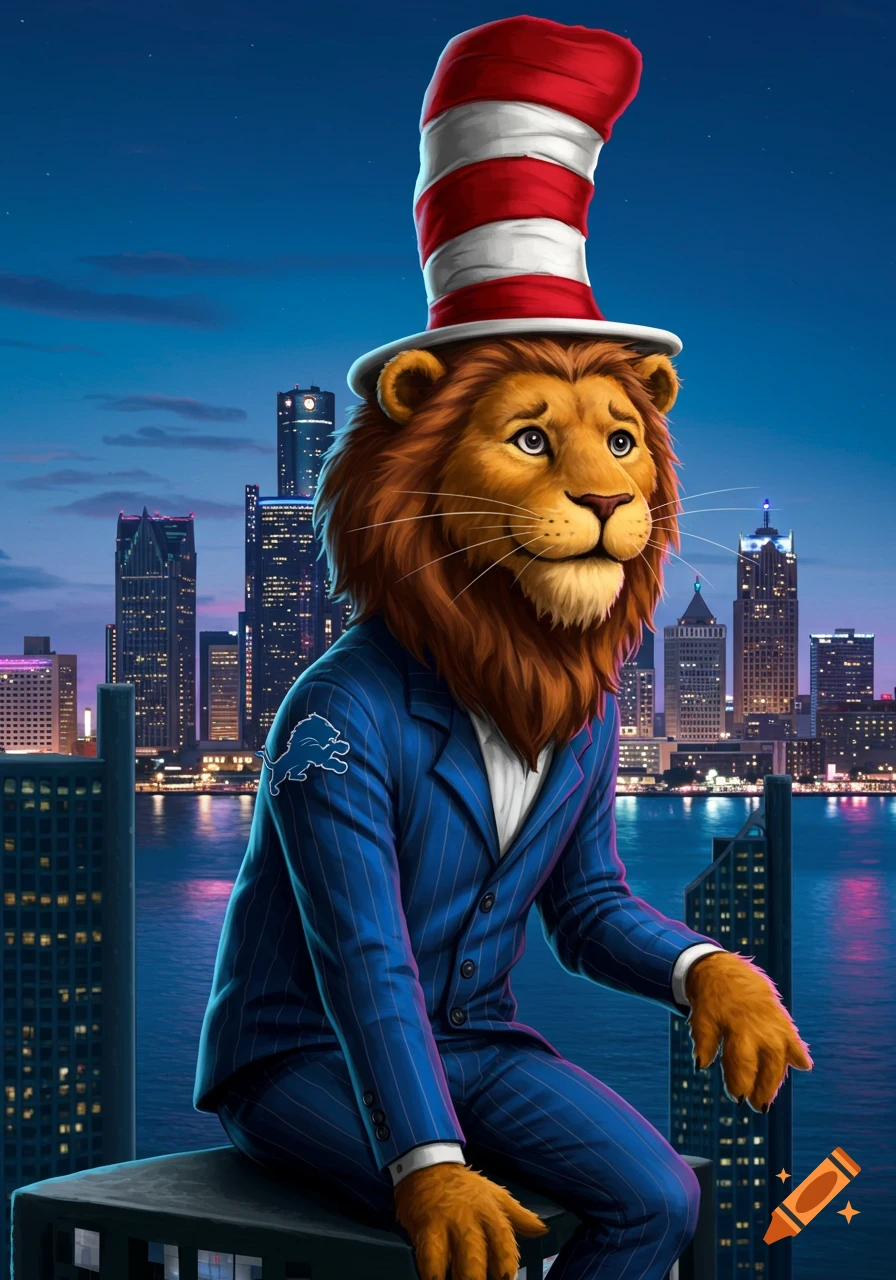 An anthropomorphic lion, dressed in a blue pinstripe suit and a red and white striped top hat, sits on a building ledge overlooking a city skyline at dusk. The lion's suit features a Detroit Lions logo on the shoulder.