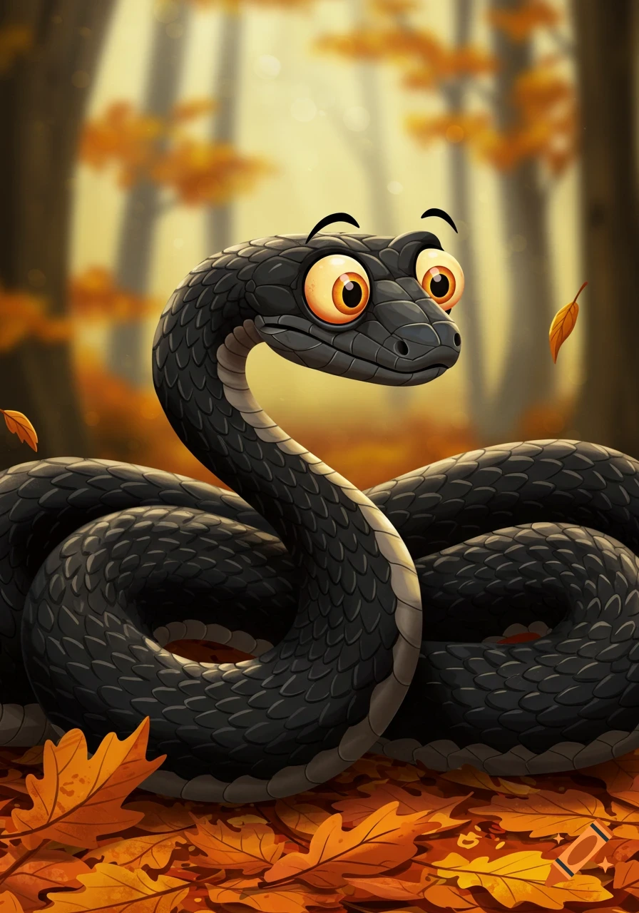 A cartoonish black eastern rat snake with large orange eyes and a shocked expression sits coiled on autumn leaves in a forest.