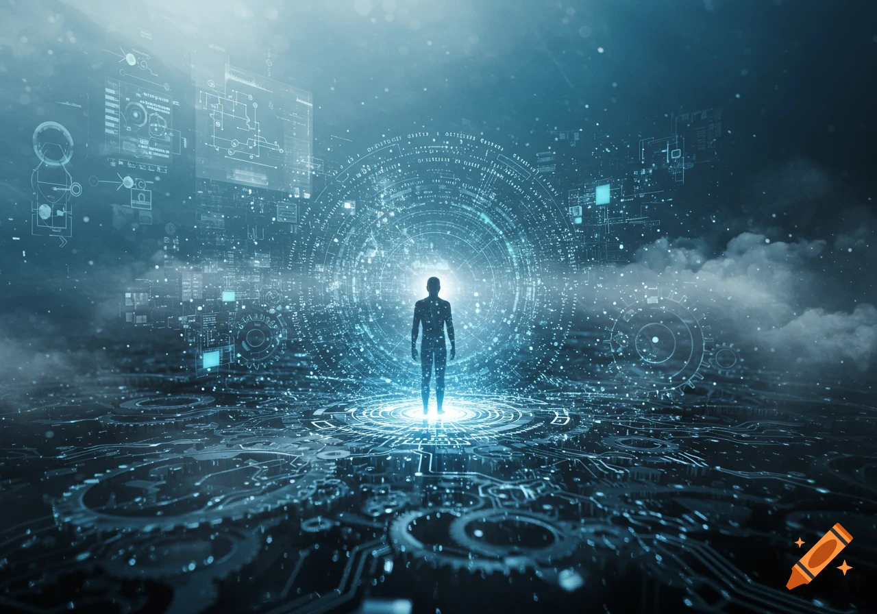 A human silhouette stands on a glowing circuit board in a futuristic digital landscape with floating data and light.