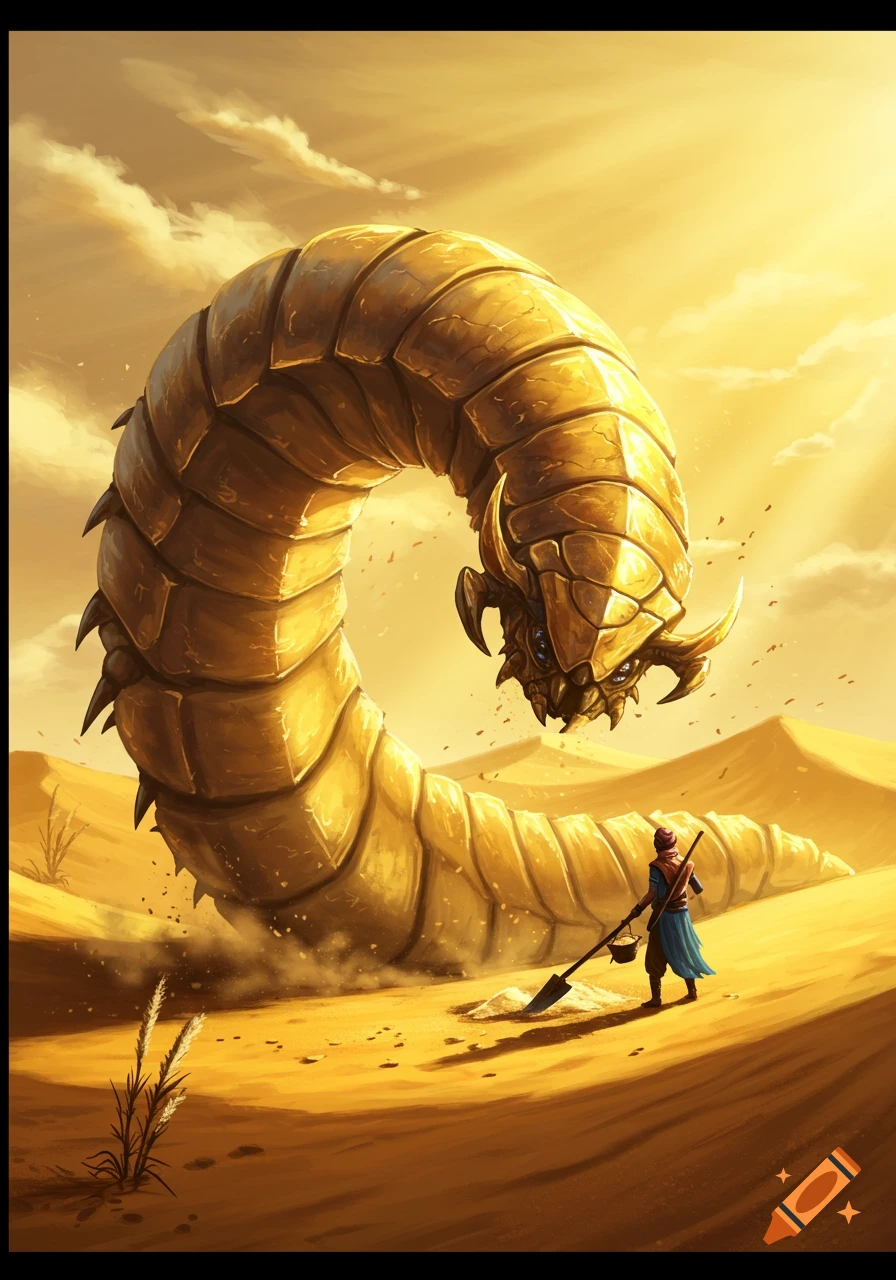 A giant, armored sand worm towers over a small figure harvesting in a bright, sandy desert under a sunny sky.