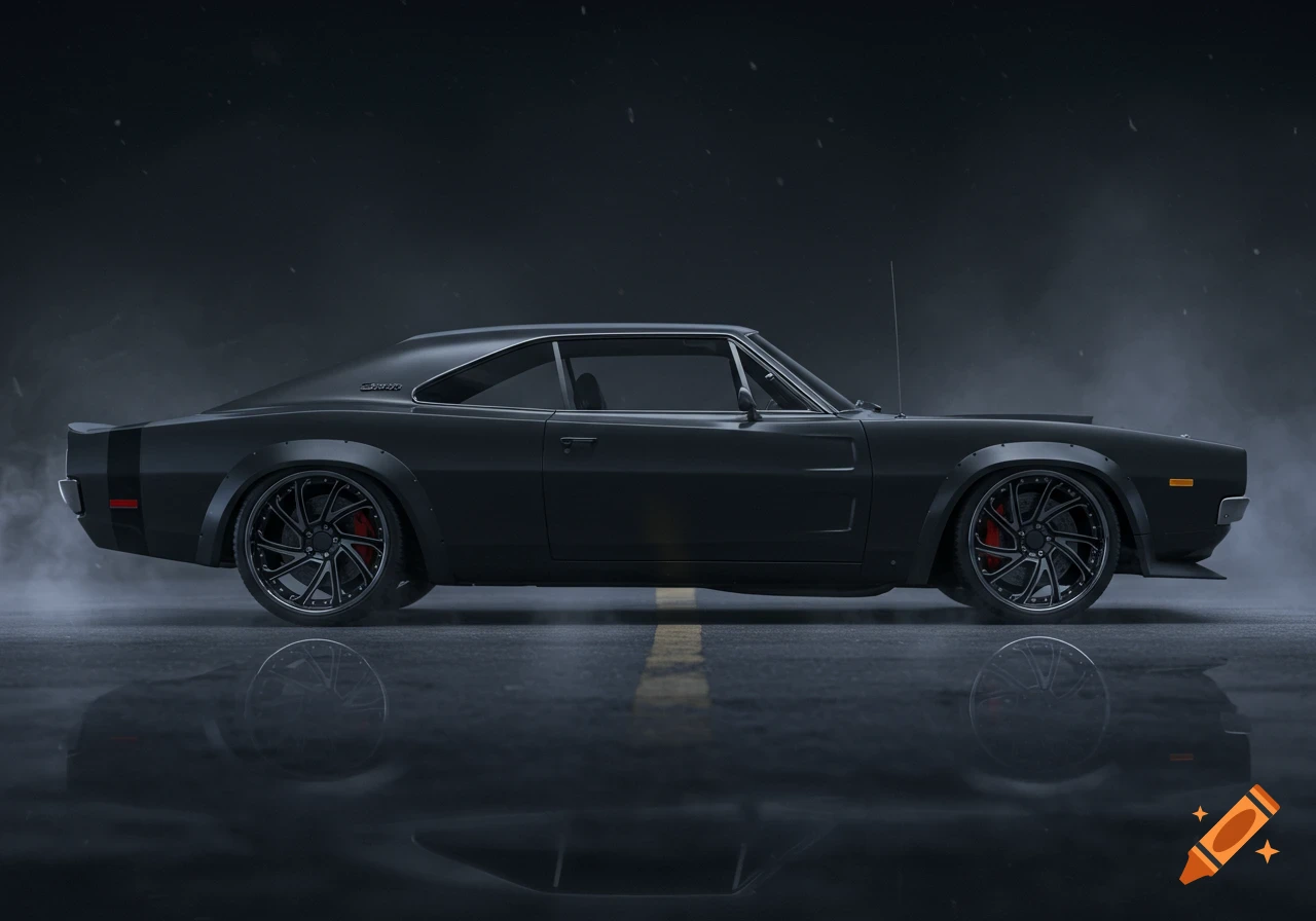 A matte black 1969 Dodge Charger with vector wheels, viewed from the side, on a wet asphalt surface with reflections.