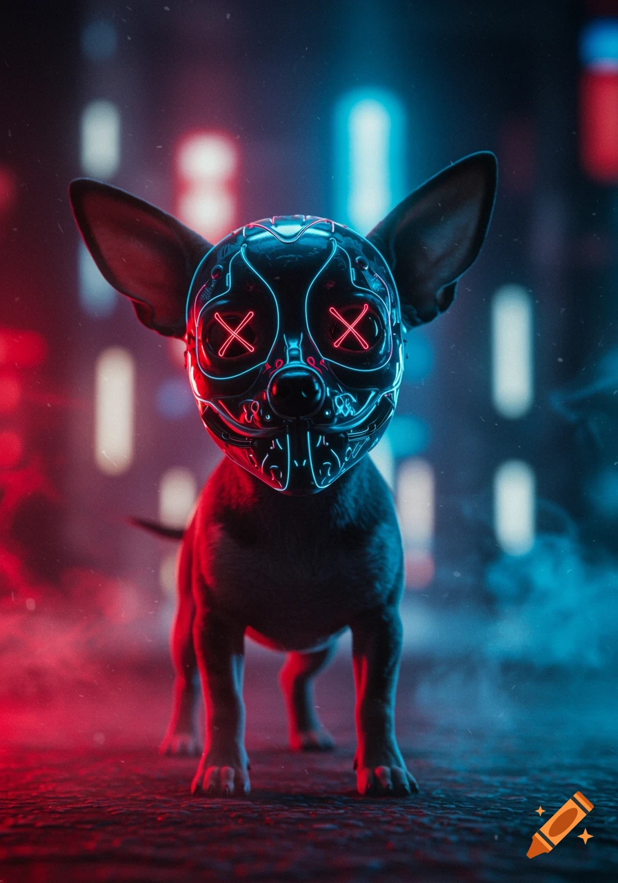 A small chihuahua wearing a full-face futuristic mask with glowing red and blue lines, standing in a dark, neon-lit cyberpunk environment.