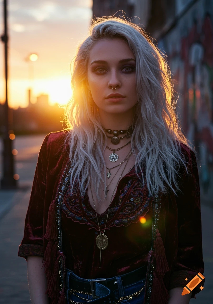 Photorealistic portrait of a young woman with long white hair, nose ring, and layered necklaces, bathed in golden hour sunlight on an urban street.