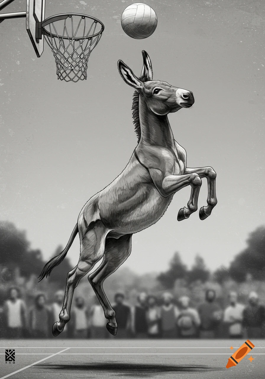 Black and white illustration of a donkey jumping to shoot a basketball into a hoop, with a crowd in the background.
