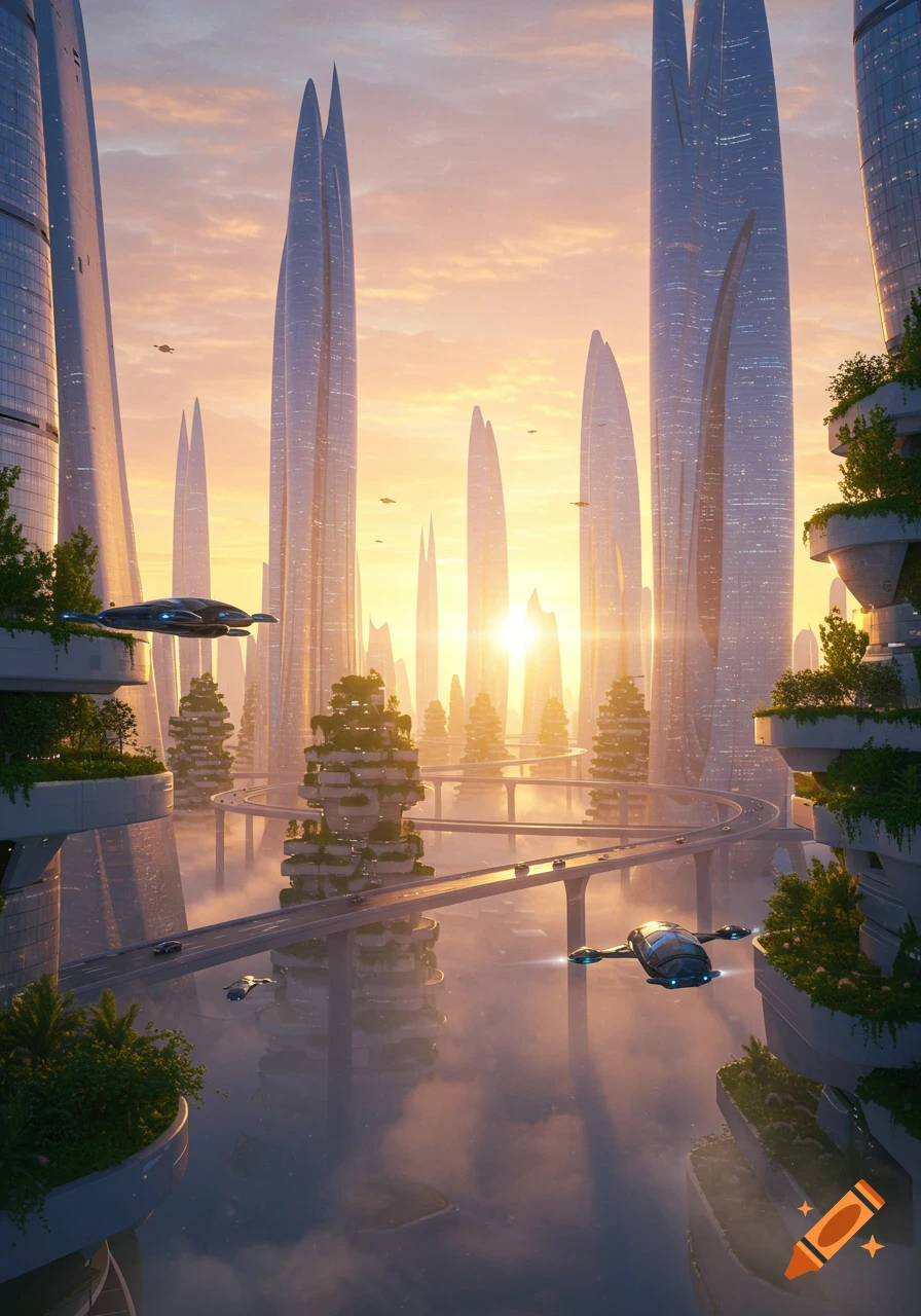 A photorealistic futuristic cityscape at sunrise with towering buildings, elevated highways, and flying vehicles amidst clouds.