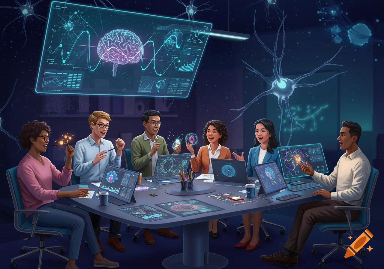 A diverse team in a futuristic lab, discussing data and brain imagery on holographic screens and laptops with neuron visuals.