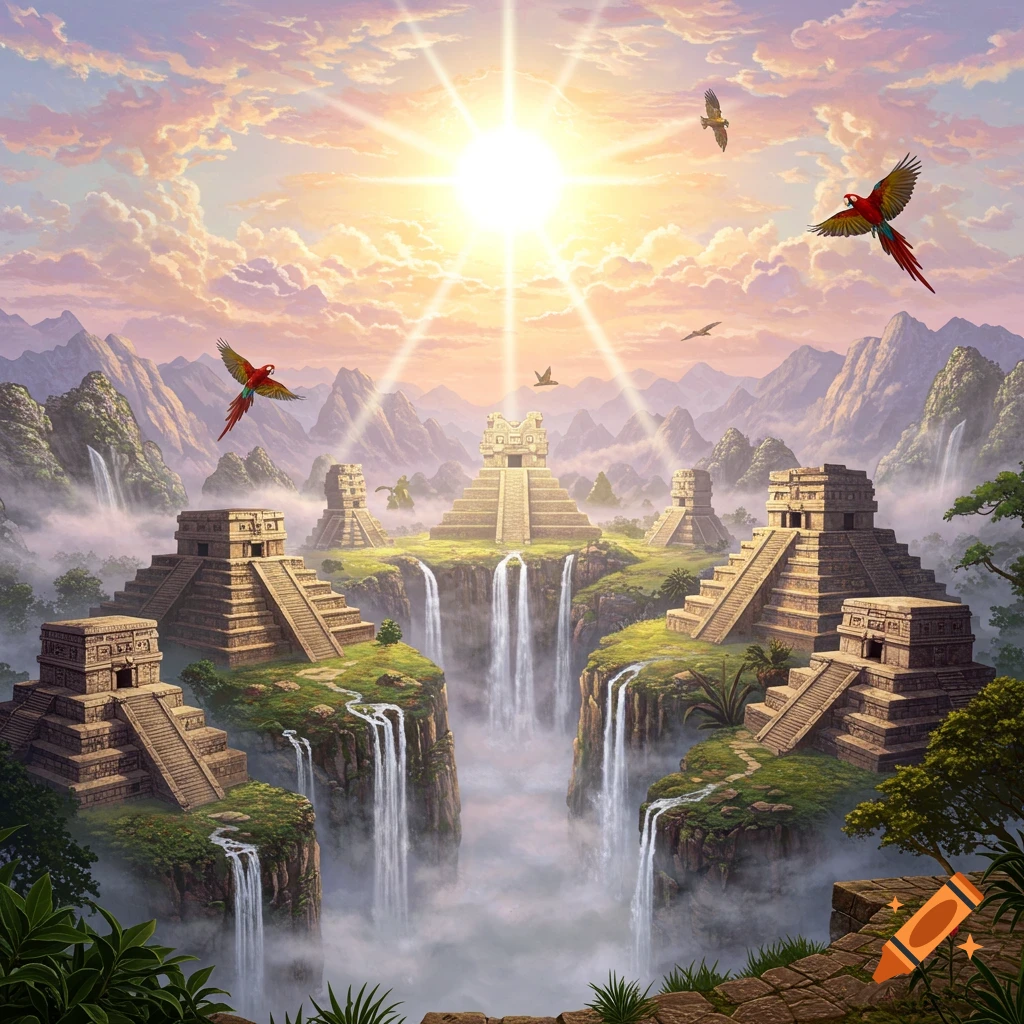 Vibrant painting of ancient Mayan-style pyramids and waterfalls in a lush, misty mountainous landscape under a bright sun, with birds flying.