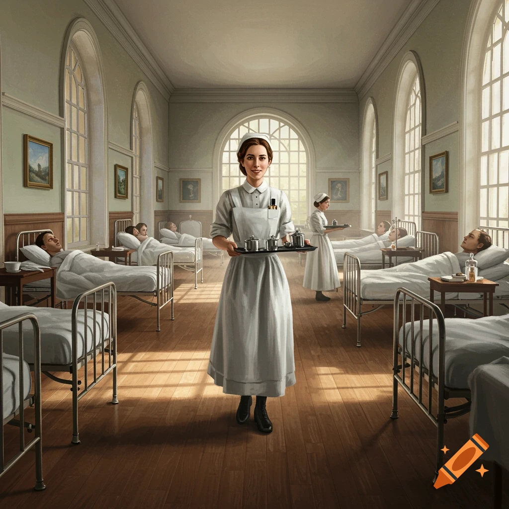 A nurse in a 19th-century hospital ward carries a tray of medical supplies, surrounded by patients in beds.