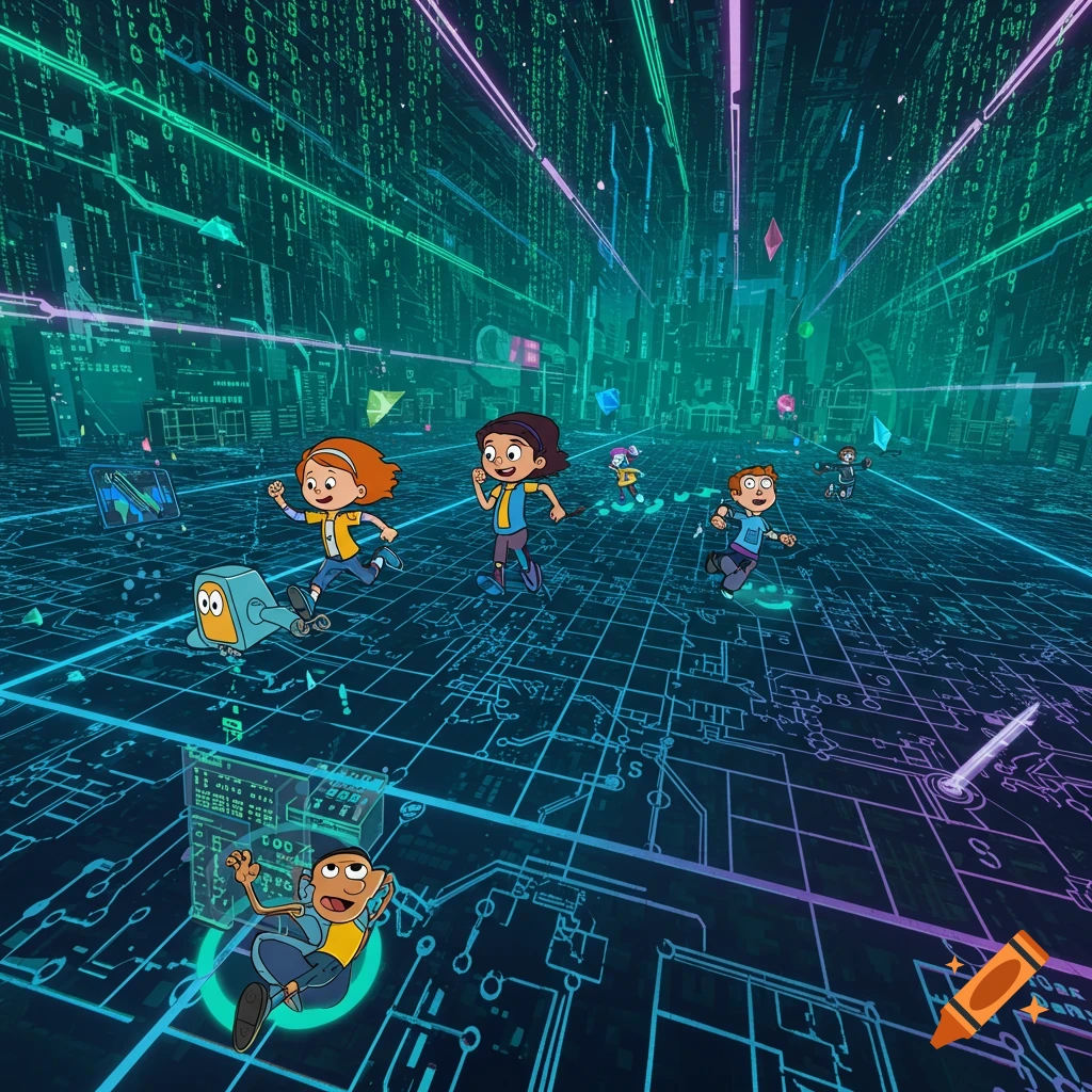 Cartoon children and a robot run through a vibrant green and blue digital world with falling code and circuit board patterns.