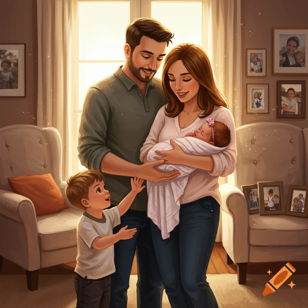 A happy family with a father, mother holding a newborn, and a young son looking up, in a bright home.